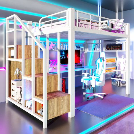 Lit mezzanine enfant en métal 140x200 avec LED,grille pour objets suspendus,échelle de rangement,lit superposé,cadre de lit mezzanine 1 place,blanc (1/5)
