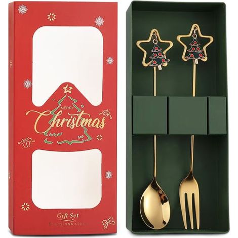 Cuillères à Café avec Pendentif, Set Cadeau de Noël de 2 Pièces en Inox 430, Présenté en Boîte Cadeau pour une Attention Élégante (1/2)