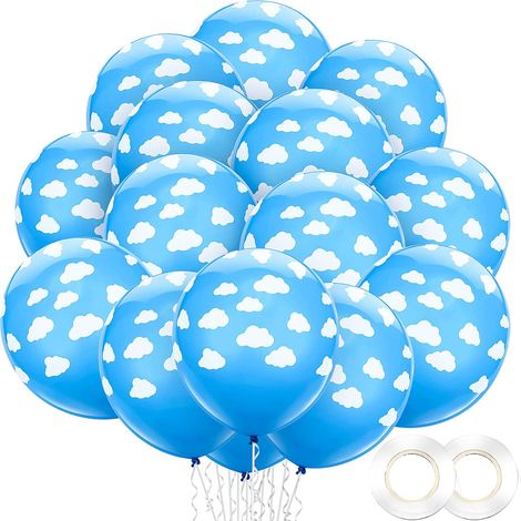 100 ballons en latex bleu nuage de 30 cm (12 pouces), bleu moyen avec nuages, finition mate, pour décoration de fête d'anniversaire (garçons et filles) et de baby shower. (1/5)