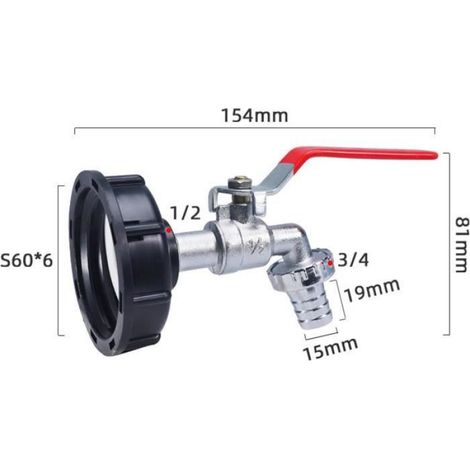 Robinet Cuve - S60X6 Filetage Grossier - Raccord 3/4 Pouces - Pour Reservoir IBC 1000 L - Adaptateur Tuyau Amovible - 1 Pièce (1/4)