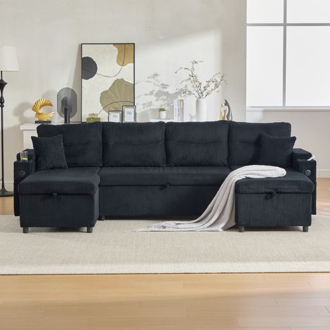 Canapé d’angle 4 places convertible double méridienne, rangement intégré, porte-gobelets, USB-C, couchage d’appoint, velours côtelé noir (1/5)