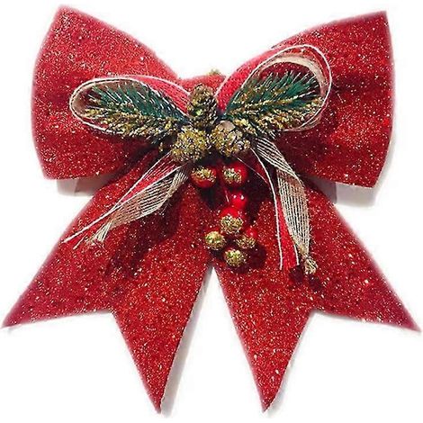 Nœuds décoratifs pour sapin de Noël, nœuds rouges à paillettes avec pommes de pin pour décorations de sapin de fête (1/4)