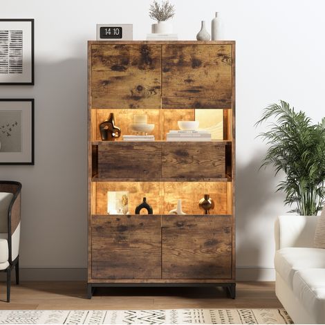 Vitrina LED 80 x 40 x 138 cm con 2 cajones, MDF, negro y madera HAVRYA (1/5)