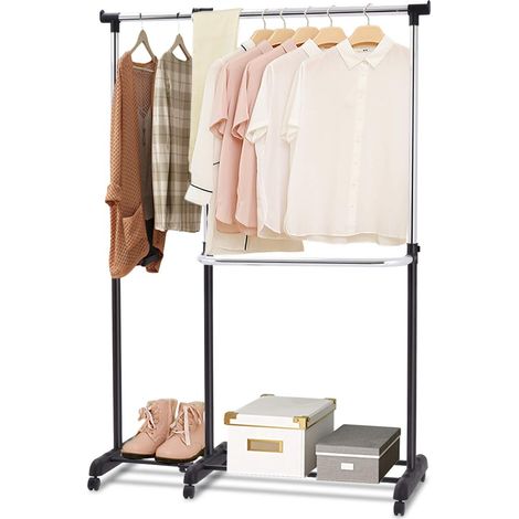 COSTWAY Kleiderstaender ausziehbar, Garderobenwagen hoehenverstellbar, Kleiderstange mit 2 Einzelstange, Teleskopgarderobe auf Rollen, Garderobenstaender freistehend, Waeschestaender schwarz (1/5)