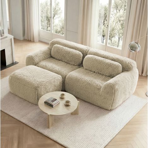 Sofá esquinero modular de 2 plazas en suave tejido de peluche, caqui claro, sin montaje,204x179x73 cm (1/5)