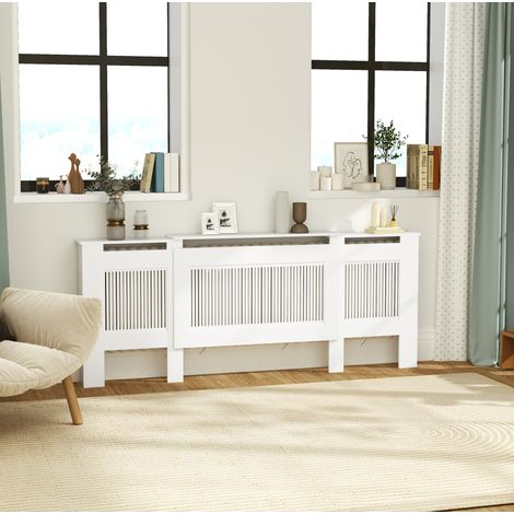 Cache-radiateur extensible 125-201x19x81,5 cm en panneaux de bois blanc, avec rangement salon FloraGrace (1/5)