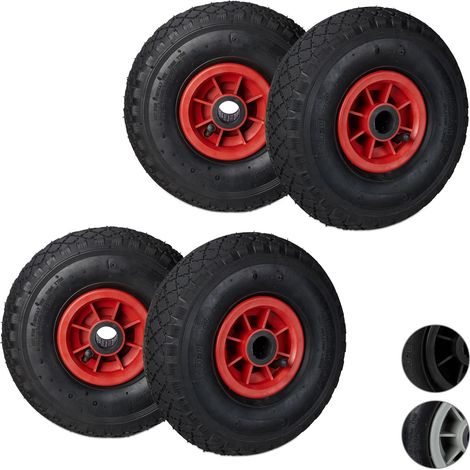 Set di 4 Ruote 3.00-4 per Carriola, Ruote ad Aria, 260x85 mm, Cerchione in Plastica, Asse 25mm, Nero-rosso (1/5)