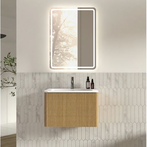 Badmöbel Set mit LED Spiegel, schwebender Waschtisch, vormontiert, integriertes Waschbecken, Kunststein, Eiche (1/5)