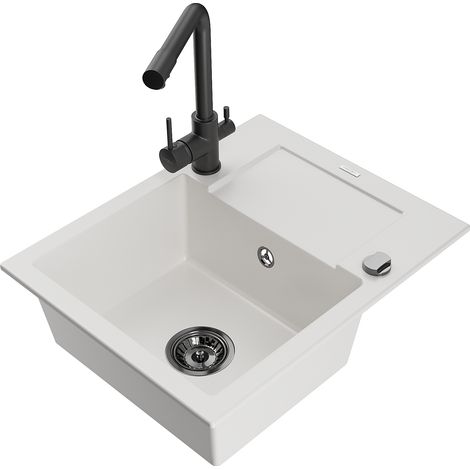 Mexen Enzo évier en granit 1 bac avec égouttoir et robinet de cuisine Duero, blanc - 6506-20-671600-70 (1/5)