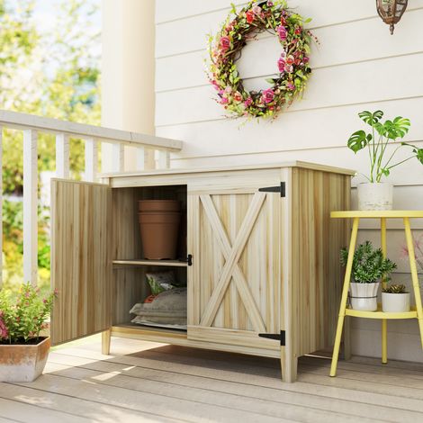 Armoire jardin bois massif, meuble rangement extérieur avec doubles portes et étagères, 110x60x88,5 cm, couleur naturelle