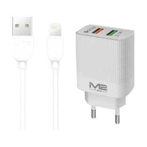 Kit de charge rapide Lightning USB - Chargeur double USB avec câble de charge blanc - 100 cm - Compatible avec les téléphones Android et Samsung. (1/4)