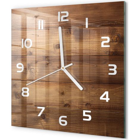 Horloge Murale Carrée Sans Cadre en Verre Trempé Silencieuse et Moderne Arrière-plan en bois 30x30 cm (1/5)