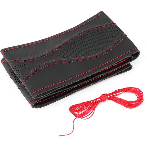 Coprivolante, 38 cm/15 pollici, in pelle cucita a mano, set con ago e filo per goffratura, accessori universali per auto (nero e rosso).