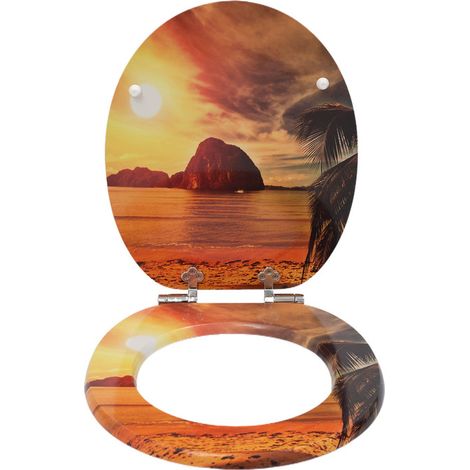 Abattant de toilette à fermeture douce, motif coucher de soleil tropical sur la plage, bois MDF, revêtement hygiénique facile à nettoyer. (1/5)