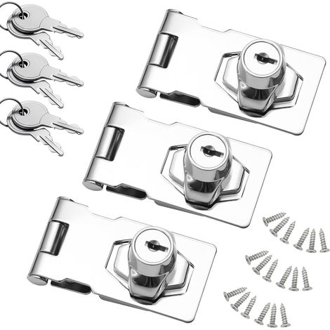 3Pcs Keyed Hasp Lock, Heavy Duty Twist Knob Keyed Lock Hasp 2.5Inch Latch Buckle Hasps with 6 Keys 18 Screws Safety Door Clasp with Padlock Gate Locks for Cupboard Drawer(Silver) (1/5)
