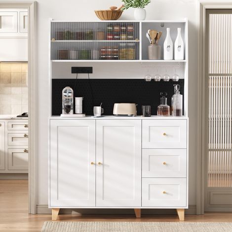 Armoire haute avec prises et panneau perforé, meuble bar avec porte-verres à vin et espace de rangement, buffet de cuisine avec tiroirs, idéal pour la cuisine et la salle à manger (blanc)