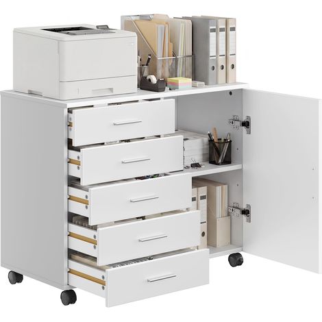 VASAGLE Cassettiera da Ufficio a 5 Cassetti, 2 Ripiani con Anta, Mobile con Ruote per Documenti, Mobiletto Porta Stampante, Guide per Cassetti senza Viti, Studio, Bianco Nuvola OFC092WB02 (1/5)