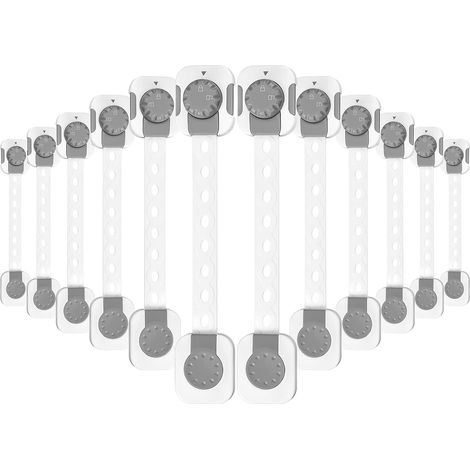 A set of 12 child safety locks, adjustable adhesive, suitable for drawers, refrigerators, and toilets, off-white.