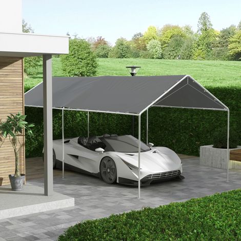 Bâche de remplacement pour abri de voiture 6x3m en PE gris foncé anti-UV avec tendeurs élastiques (1/5)