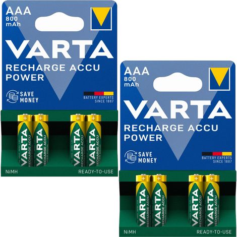 Batería recargable NiMH VARTA POWER AAA de 800 mAh, tamaño pequeño, 4 unidades x 2