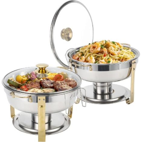 2 Pack Chafing Dish Buffet Gold with Glass Lid 5L Set, Round Food Warmer for Catering Buffet with Lid Holder, Mirror-Polished Rolled-Rim Food-Grade Stainless Steel Chafer for Party