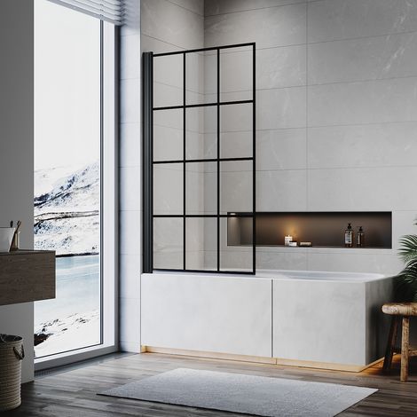 ELEGANT Shower Bath Screen 800x1400mm Framed Black Square Grid Reversible 5mm Toughened Safety Glass 180 Degree Pivot, Matt Black