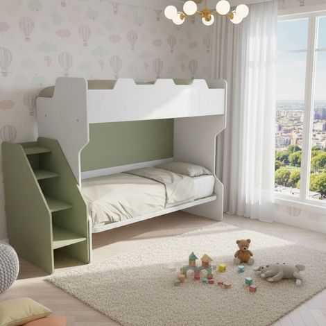 Letto a castello salvaspazio con terzo letto estraibile e scala laterale - Ideale per camerette - Bianco e Salvia