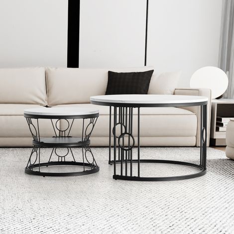 Table basse gigogne ronde, lot de 2, table basse gigogne blanche, pieds en métal noir (1/5)