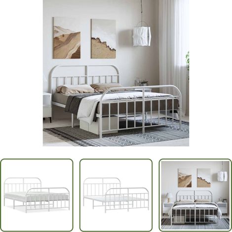 vidaXL Lit avec tête et pied - Cadre de lit métal sans matelas et pied de lit blanc 135x190 cm (1/5)
