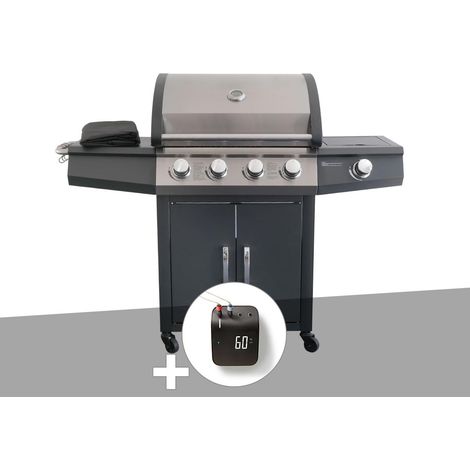 Barbecue à gaz 4 brûleurs inox avec réchaud latéral – Grilles en acier émaillé – Thermomètre intégré – Pour 10 à 12 personnes – Jardideco