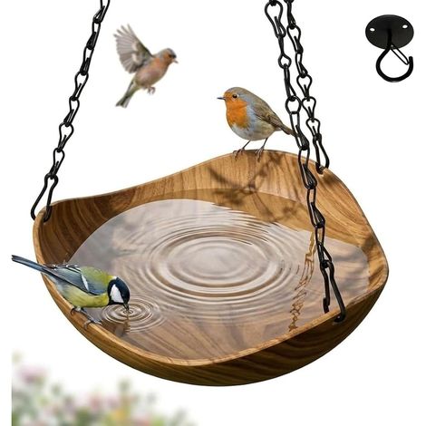 Bain d'oiseaux à suspendre avec chaîne en métal et crochet - Mangeoire à oiseaux décorative pour jardin, parc, terrasse, cour, porche, cour, arrière-cour (couleur bois de pêche) (1/2)