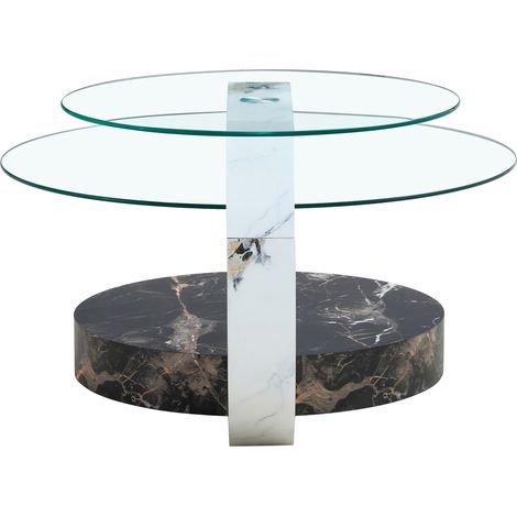 Tavolino moderno a 2 livelli, vetro temperato e MDF, effetto marmo bianco/nero, HOMVRA (1/5)