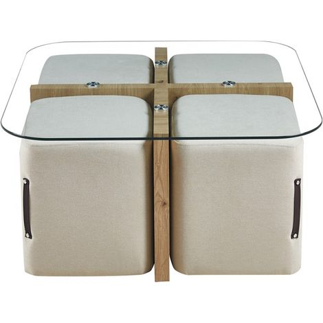 Table basse QUADORA – Quadratisch 90x90 cm – Glas & gealterte Eiche – Mit 4 weißen Poufs – Praktisches und elegantes Design