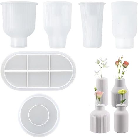6 Pièces Moule en Silicone Vase, Kit Résine Époxy Complet Débutant, 4 Moules à Vase + 1 Plateau + 1 Dessous, Moule DIY pour Résine Époxy/Jesmonite/Béton/Plâtre pour la Fabrication de Vases (1/5)