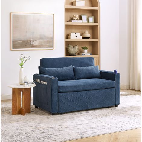 REDOM - Divano letto 2 posti, funzione 3 in 1, sistema scorrevole, porte USB integrate, legno e tessuto blu navy (1/5)