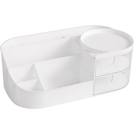 Organisateur De Maquillage - Avec Tiroirs Transparent Et Compartiments - Pour Table De Toilette Ou Plan De Travail - 26,5 X 14,5 X 10 Cm - Blanc - 1 Pièce (1/3)