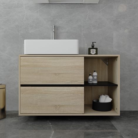 Ml-Design – Meuble sous lavabo suspendu salle de bain 100x60x45,5 cm – Brun noir – 2 tiroirs spacieux – Étagère ouverte latérale – Rangement optimisé en MDF (1/4)
