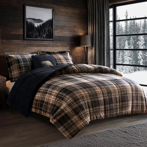 Parure de lit réversible en Peluche Ultra Douce à Sherpa Alternative au Duvet Parure de lit Chaude avec Couette Assortie et Coussin décoratif Marron Noir pour lit Double et Queen (1/5)