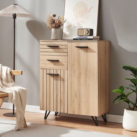 Credenza Noppen con Cassetti e Ante Mobile Contenitore 100x80x38 cm - Effetto Rovere [en.casa]