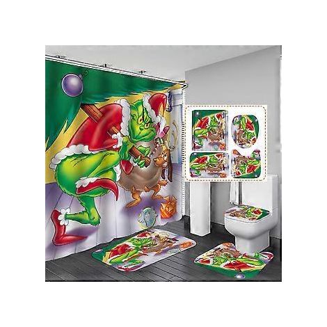 4-teiliges Weihnachts-Duschset mit Duschvorhang, rutschfesten Matten, WC-Deckelbezug und Badematte, inklusive 12 Haken (D) Ho