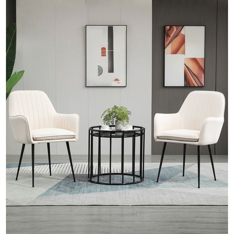 Hallowood Furniture Cullompton Dining Chairs Set of 2, Upholstered Cream Fabric Dining Chairs with Armrests and Sturdy Black Metal Legs, Soft-Padded Armchairs for Home, Office and Cafe (1/5)