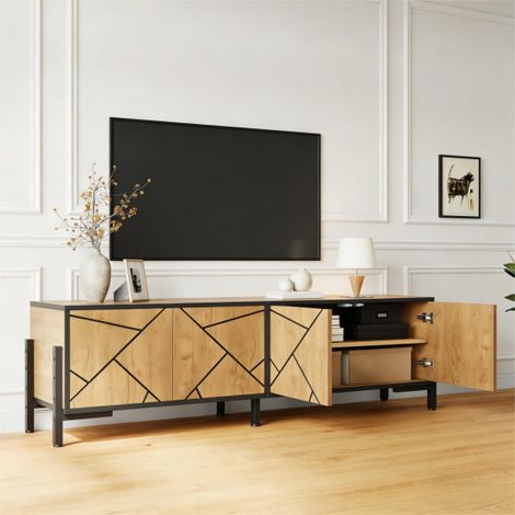 REDOM Meuble TV 153x40x50 cm 4 portes, design géométrique contrasté, 4 espaces de rangement, MDF, bois naturel et noir (1/5)