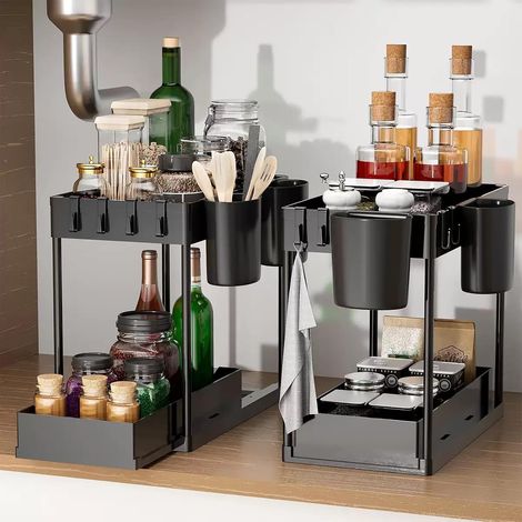 Organisateur Sous Évier Coulissant Rangement Cuisine 2 Niveaux avec Tiroir Télescopique, Étagère Robuste pour Salle de Bain, Cuisine et Placard, Noir (SCSN-2pcs) (1/5)