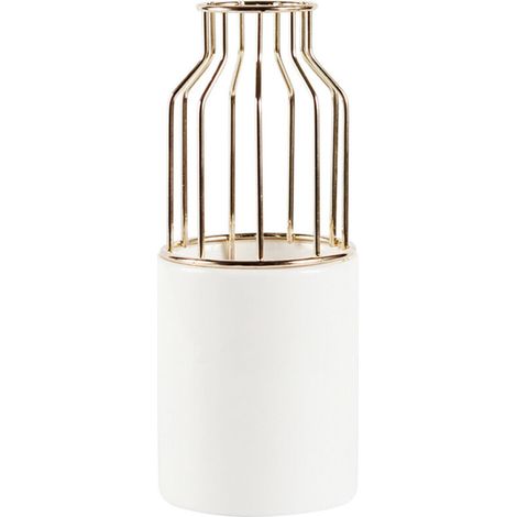 Un vase en céramique blanche et fer forgé, pot de fleurs de table avec support en fer, petit pot de fleurs, idéal pour la décoration de mariage, doré.