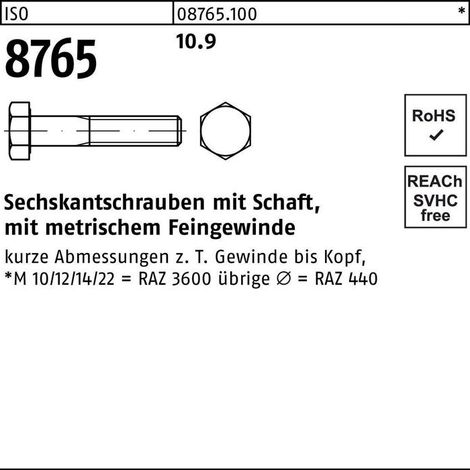 Vis à tête hexagonale ISO 8765 tige M22x1,5x140 10.9 10 pièces