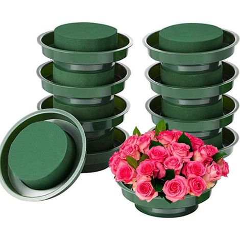10 Pièces Mousse Florale Ronde avec Plateau, 12cm Bloc de Mousse Florale pour Fleurs Artificielles et Fraîche, Brique de Mousse Florale pour Compositions Florales, Fleuriste, Décoration de Mariage