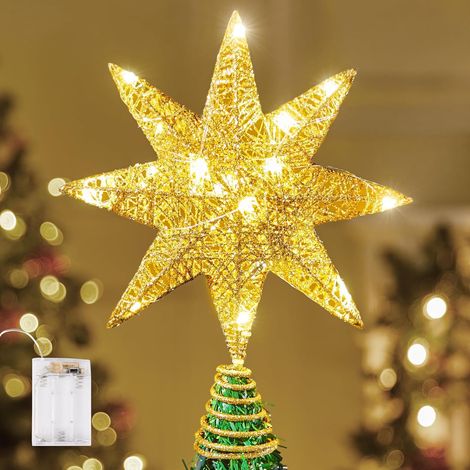 Pointe de Sapin de Noël en Métal Glitzer de 10 Pouces avec LED 8 Pointes, 20 LED avec Lumières Blanc Chaud, Pointe de Sapin Dorée, Fonctionnée par Piles pour Décorations de Sapin de Noël (1/5)