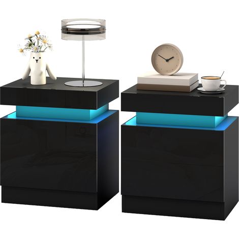 HOMCOM Set 2 Comodini Moderni a Luci LED con 2 Cassetti in Legno Nero Lucido (1/5)