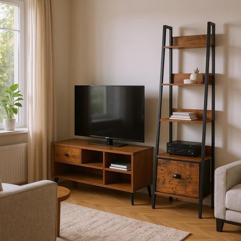Étagère à Plantes Style échelle 42 x 29 x 141 cm, 5 Niveaux, tiroir en Tissu, plaques de Bois de 12 mm et Cadre en métal de 20 mm, paroi arrière de 7,5 cm, Support pour Plantes d'extérieur (1/4)
