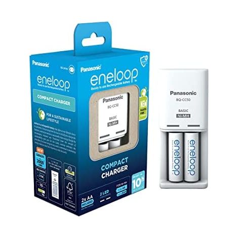 eneloop Compact-Ladegerät, für 1–2 wiederaufladbare AA-/AAA-Akkus, 10 Stunden Ladezeit, 9 Sicherheitsfunktionen, inklusive 2 eneloop AA-Akkus (2000 mAh) (1/5)